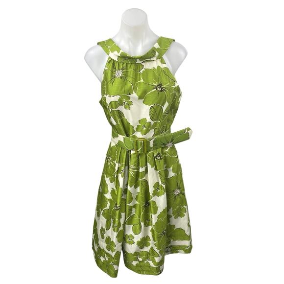 NEW Jessica Howard Green Satin Floral Sleeveless Belted Mini A-line Dress Sz 12 - Picture 1 of 4